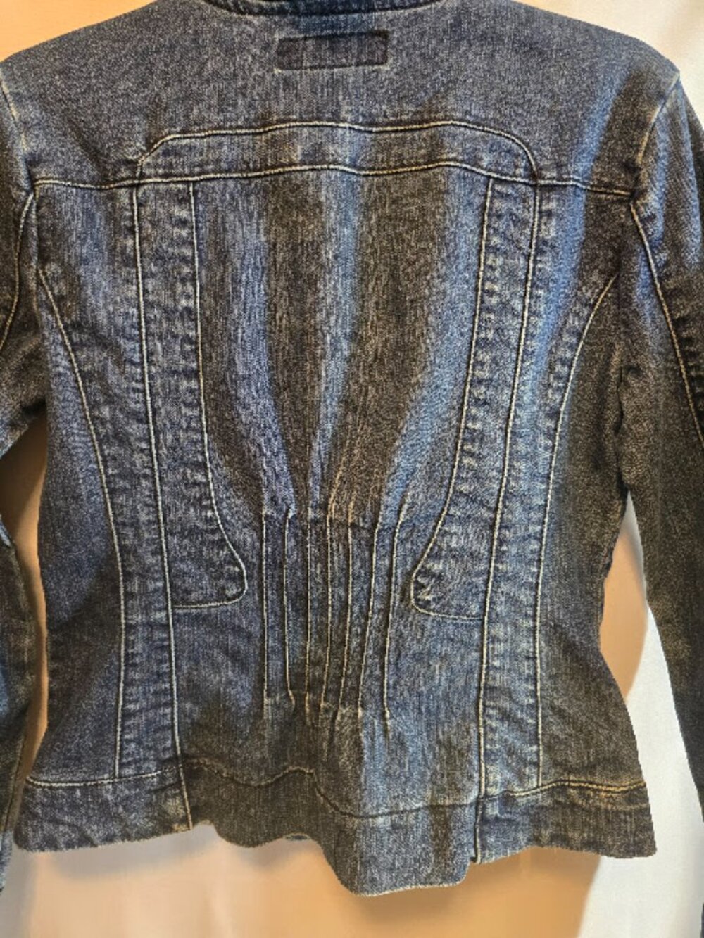 BLUE DENIM ZIP UP JACKET SIZE MEDIUM COTTON CHRISTIANA ZINN RUFFLES FLATTERING - Picture 7 of 8